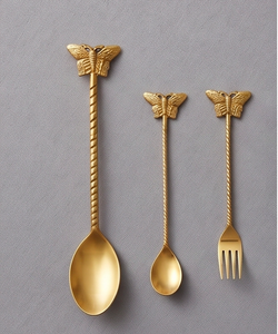 Cuillère à salade et fourchette à dessert à long manche, en métal fantaisie, avec manche papillon plaqué or, finition miroir, pour la cuisine - Product Image 1