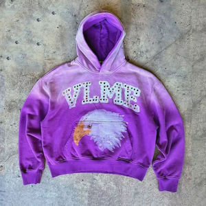 Sudadera de invierno transpirable de moda, estilo vintage, con efecto desgastado por el sol, lavado ácido, estampado serigrafiado y pedrería personalizada OEM, de tendencia. - Product Image 4