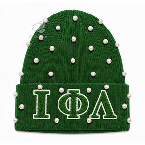 Bonnet en tricot vert orné de perles pour femme de la sororité Iota Phi Lambda, avec lettres grecques brodées en chenille, chapeau d'hiver décontracté - Product Image 1