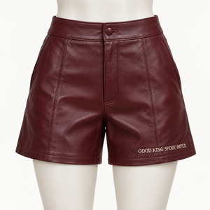 Custom Women High <b>Waist</b> PU Faux Leather Shorts Burgundy Wine Red Vegan Leather Short Pants With Pockets OEM Private Label Makers - Product Image 4