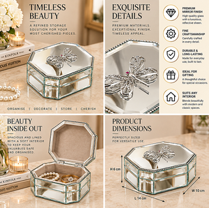 Premium <b>Mirror</b> Glass Jewelry Box Octagonal Shape Butterfly Accent Decorative Keepsake Gift Storage Organizer - Product Image 5