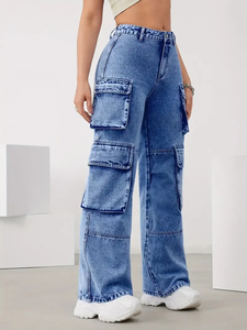 Vaqueros Cargo de Mezclilla Azul Lavado Holgados y Estilizados para Mujer, con Botones, de Corte Recto, para Uso Casual, en Venta, Servicio OEM - Product Image 6