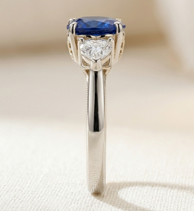 Vintage Blue Oval and Heart Three Stone Engagement <b>Ring</b> Sterling <b>Silver</b> Prong Setting Fine Jewelry Custom Bridal Band - Product Image 1