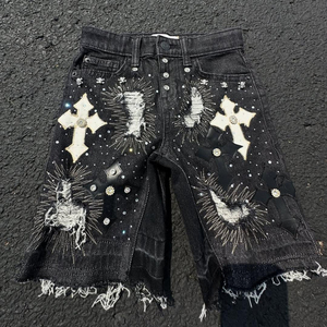 <b>Men</b> Gothic Ripped Denim <b>Shorts</b> With Cross <b>Patches</b> And Rhinestones Mid Waist Button Fly Streetwear Style - Product Image 2