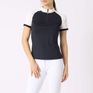 Camisa de equitación azul marino para mujer, manga corta, transpirable, con cremallera, tejido sólido de spandex y poliéster - Product Image 2