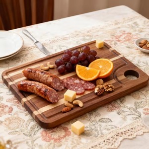Planche à découper en bois de noyer et d'acacia bicolore avec rainure pour les jus et trou de suspension, écologique, épaisseur 1,5 cm, pour la préparation culinaire - Product Image 5