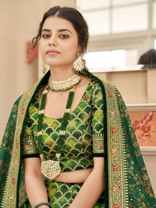 Green <b>Art</b> Silk A-Line Empire Halter Maxi Lehenga Choli Embroidered <b>Sequin</b> Ethnic Dress Women Wedding Festival Outfit - Product Image 2