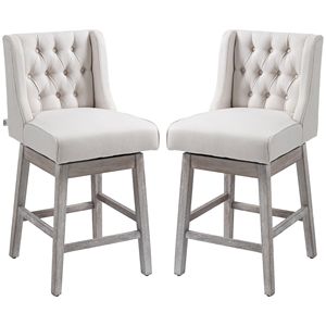 Set di 2 Sgabelli da Bar Girevoli Contemporanei da 27 Pollici, Altezza Bancone, Rivestimento in Lino Beige con Design Trapuntato a Bottoni e Base Cromata - Product Image 1