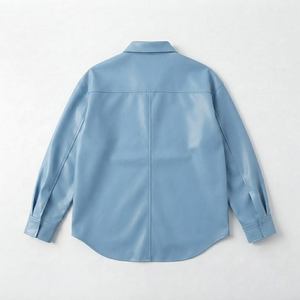 Men Premium Genuine <b>Leather</b> Button-Up <b>Shirt</b> Long Sleeve Light Blue Cowhide Eco-Friendly Vintage Casual Streetwear Solid Color - Product Image 5