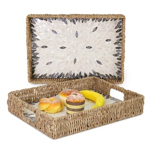 Bandeja rectangular de mimbre con incrustaciones de perlas para el hogar, bandeja de mimbre decorativa hecha a mano con nuevo diseño para el Ramadán Eid 2023 - Product Image 2