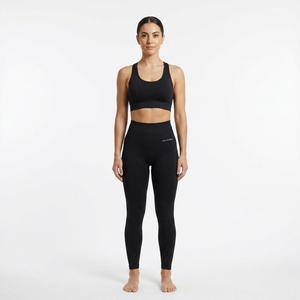Women Black High Waist Seamless Yoga Leggings and <b>Racerback</b> Sports <b>Bra</b> Fitness Activewear Set - Product Image 2