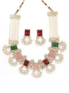 Conjunto de Collar y Pendientes Kundan Chapados en Oro para Mujer con Piedras Rojas, Verdes y Rosas, Imitación de Perla, Joyería Vintage de Aleación, Moda para Fiestas - Product Image 2