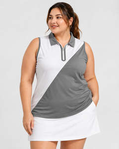 Chaleco Polo sin Mangas para Mujer, Diseño Color Block Gris y Blanco, Tejido Deportivo para Golf, Cierre con Botones, 100% Poliéster Transpirable - Product Image 1