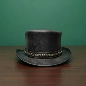 Premium <b>Black</b> Leather <b>Top</b> <b>Hat</b> with Structured High Crown Vintage Alternative Fashion Headwear for Cosplay - Product Image 3