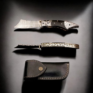 Custom Handmade Damascus Folding Knife with Bull Horn Handle Engraved Steel Bolster Leather Sheath EDC Pocket Knife OEM Supplier - Product Image 5