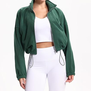 Women's Winter Hooded Full-Zip Fleece Cropped <b>Jacket</b> Adjustable Hem Streetwear Style 100% Cotton Windproof & Breathable - Product Image 1