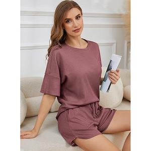Conjunto de Verano para Mujer, Camiseta Holgada y Pantalones Cortos de Punto Waffle, Venta al Por Mayor - Product Image 2