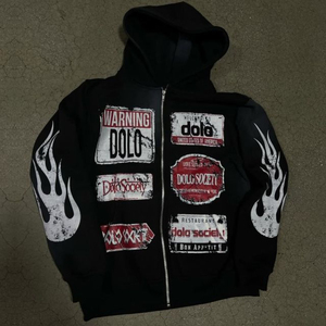 Conjuntos de Ropa Urbana Unisex Personalizados Dolo Society 2026, Ecológicos, Transpirables, Sudadera con Cremallera Completa, Diseño con Parche de Estampado de Llamas, Color Negro, Invierno - Product Image 2