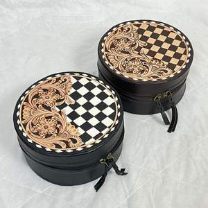 Étuis à bijoux ronds 2026 en cuir de vache véritable, motif floral artisanal, noir et blanc à carreaux, avec fermeture éclair, organisateur de maquillage - Product Image 5