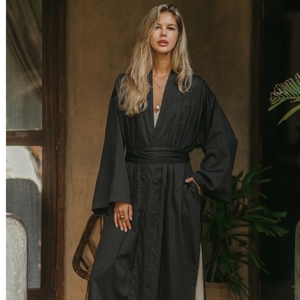 เสื้อคลุมกิโมโนโบโฮสีดำ ผ้าซาติน ผ้าฝ้ายออร์แกนิก เสื้อคลุมสำหรับงานเทศกาล เสื้อคลุมคาร์ดิแกนแบบยาว เสื้อคลุมแบบพันรอบตัว เป็นมิตรกับสิ่งแวดล้อม เสื้อแจ็คเก็ตสำหรับผู้หญิง ใส่ได้ทุกวัน - Product Image 4