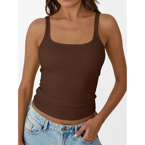 Women's Brown Ribbed Spaghetti Strap Tank <b>Top</b> Scoop Neck Casual Knitted Solid Color Cotton Spandex Blend Breathable 180g - Product Image 3