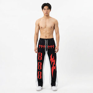 Pantalon de jogging décontracté pour homme, noir, imprimé flamme rouge, coupe évasée, taille mi-haute, taille élastique avec cordon de serrage, style urbain, avec bande latérale - Product Image 5