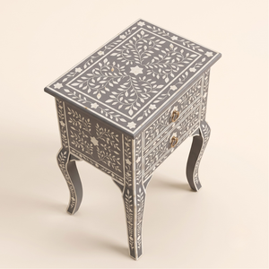 Handmade Modern Eco-Friendly Bone Inlay <b>Grey</b> Nightstand Table with 2 Drawers Bone Inlay Furniture Bedroom <b>Storage</b> <b>Unit</b> - Product Image 3