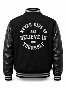Chaqueta Varsity Negra Unisex, Ecológica, Resistente al Viento, de Lana/Poliéster, con Cuello Camisero, Letra M Bordada en la Parte Delantera, Estilo Casual con Parches - Product Image 3