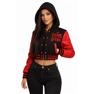แจ็กเก็ตสไตล์ใหม่สำหรับผู้หญิง "แพ้ไม่ใช่ตัวเลือก" ตัวครอปตัวแทนมหาวิทยาลัย-เครื่องบินทิ้งระเบิดมีฮู้ดสีแดง & สีดำสำหรับสตรีทแวร์ & แรงจูงใจ - Product Image 2