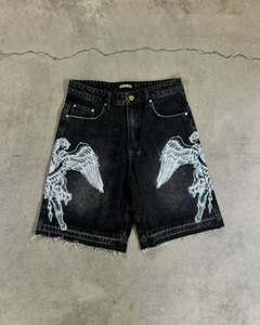 Jorts de Mezclilla Resistentes con Estampado Personalizado de Alta Calidad, Estilo Urbano Vintage, Lavado Ácido, Desgastado, Casual de Verano, Hip Hop, con Detalle de Botones - Product Image 1