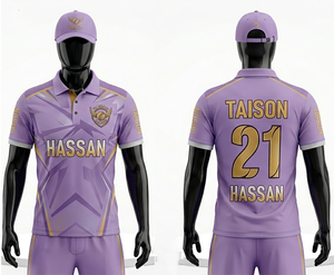 เสื้อคริกเก็ตชาย 180 GSM ผ้าโพลีเอสเตอร์อินเตอร์ล็อคพรีเมียม ระบายเหงื่อได้ดี สีม่วงทอง แถบข้างสีทอง ย้อมสีตามสั่ง พร้อมโลโก้เสื้อคริกเก็ต - Product Image 6