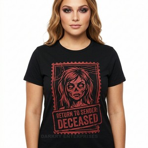 T-shirt imprimé rouge vieilli pour femme, noir, avec logo personnalisé, motif « Return To Sender », style vintage, streetwear, fabrication usine - Product Image 1