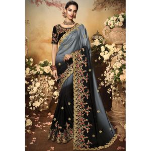 Saree de travail en broderie georgette fantaisie grise avec chemisier non cousu - Product Image 1