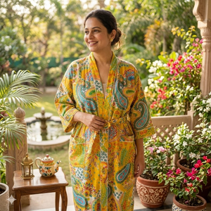 Kimono de Algodón Amarillo con Estampado Floral de Primera Calidad |   Bata de dormir de manga larga con cuello en V para mujer |   Bata Ajustada con Cordón de Alta Calidad, Diseño Exclusivo - Product Image 3