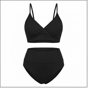Women's Black Ribbed 2 Piece Bikini Set <b>Crossed</b> Halter <b>Top</b> High Waist Bottoms Stretch Swimwear - Product Image 1