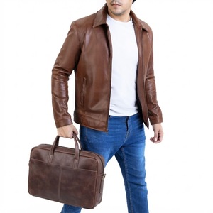 Blouson en cuir véritable et toile marron pour homme, style motard, col rabattu, fermeture éclair, coupe classique, pour l'automne - Product Image 3