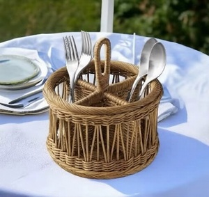 Portautensilios multifunción de bambú tejido con asa, organizador de vajilla para encimera de cocina o mesa de comedor. - Product Image 5