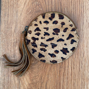 Gran oferta de monedero de cuero genuino con estampado de animales y pelo con llavero de borla, monedero con cremallera de cuero de vaca de forma redonda - Product Image 3