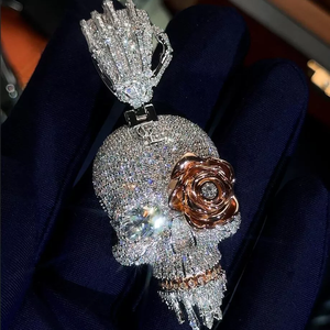 Colgante de Calavera Hip Hop con Moissanita de Pavé Completo, Joyería Iced, Plata de Ley 925 Bañada en Oro Rosa, Unisex, Ojo de Flor de Rosa Fantasma - Product Image 1