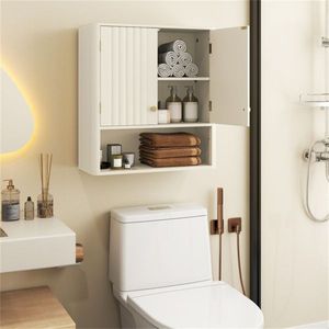 Mobiletto da Parete Beige Scanalato 21.5"x7.5"x24" per Sopra il WC con 2 Ante, Ripiano Aperto e Ripiano Regolabile a 3 Posizioni - Product Image 5