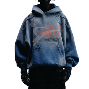 Sweat à capuche oversize personnalisé effet usé en molleton bouclette bleu délavé style streetwear pour homme - Product Image 2