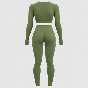 Breathable Hollow Dot Knitted Olive <b>Green</b> Yoga Set Long Sleeve <b>Crop</b> <b>Top</b> Butt Lifting Leggings Female Fitness Running Sports Suit - Product Image 2