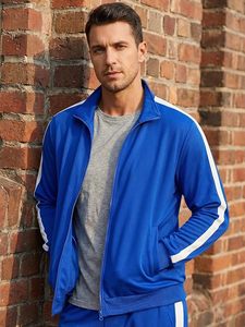 Ensemble de survêtement bleu pour homme, manches longues, fermeture éclair, respirant, style sportif, couleur unie, coupe classique, poches latérales, idéal pour le printemps - Product Image 4