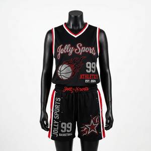Conjunto de pantalones cortos de baloncesto de malla de poliéster premium, transpirable, uniforme negro con ribete rojo y blanco, panel lateral con logo sublimado, conjuntos para mujer - Product Image 1