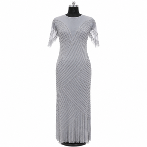 Luxury Women Modern Silver Beaded Mermaid Silhouette Evening Gown | Elegant Illusion Neck Fringe Maxi Dress Premium Designer - Product Image 1