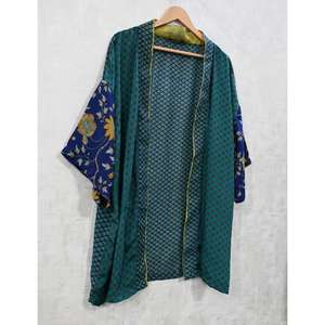 Kimono court en soie indienne, peignoir imprimé fait main, vêtement de nuit, robe de chambre pour femme, tenue de détente - Product Image 2