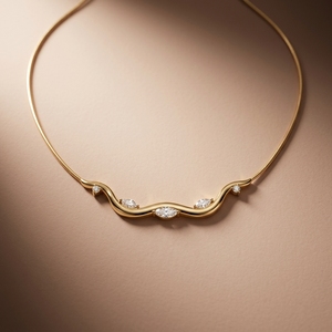 Collar de barra curva escultural para mujer con diamantes de laboratorio de corte marquesa, chapado en oro de 18K, moderno, de cinco piedras, para fiesta, color blanco D - Product Image 4