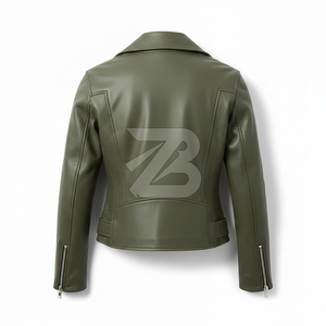 Chaqueta de Motociclista de Cuero Genuino Verde Oliva para Mujer, Manga Larga, Cuello Camisero, Cierre de Cremallera, Largo Regular, Estilo Otoñal - Product Image 3