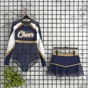 Uniforme de cheerleading pour femmes, bleu marine, or, strass, impression par sublimation, robe sans manches, taille adulte - Product Image 1