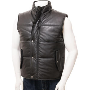 <b>Men's</b> <b>Black</b> Genuine Leather Stand Collar Puffer <b>Vest</b> With Button Closure Windproof Winter Outerwear - Product Image 1